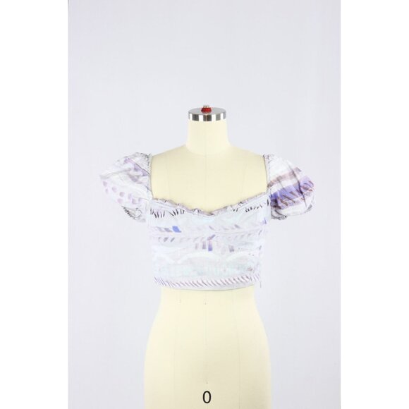 Aritzia WILFRED Wanderer Blue Linen Cropped Puff Sleeve Bustier Blouse, Size S - Picture 1 of 15